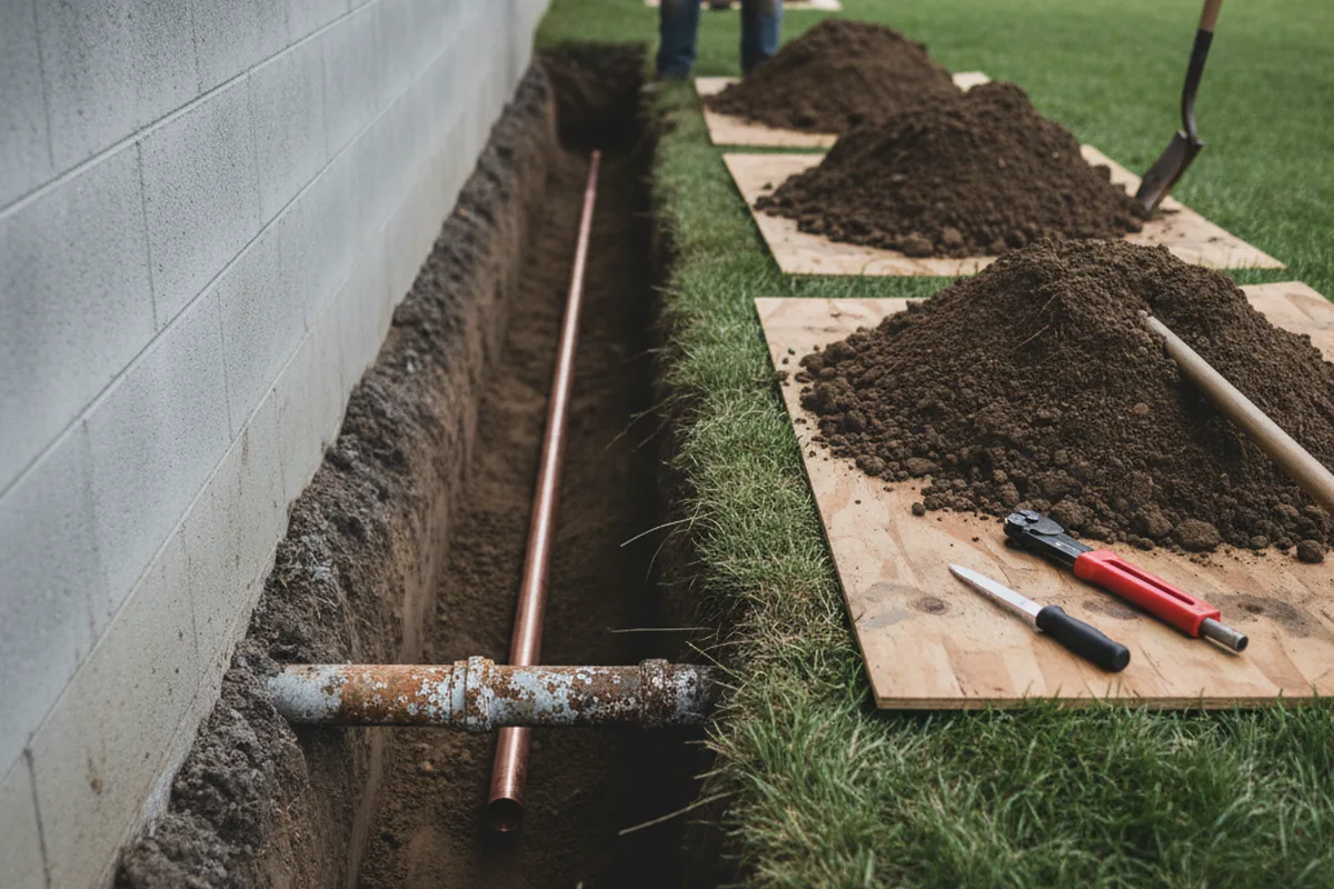 Excavated water line trench during Sewer Line Repair in Corrales